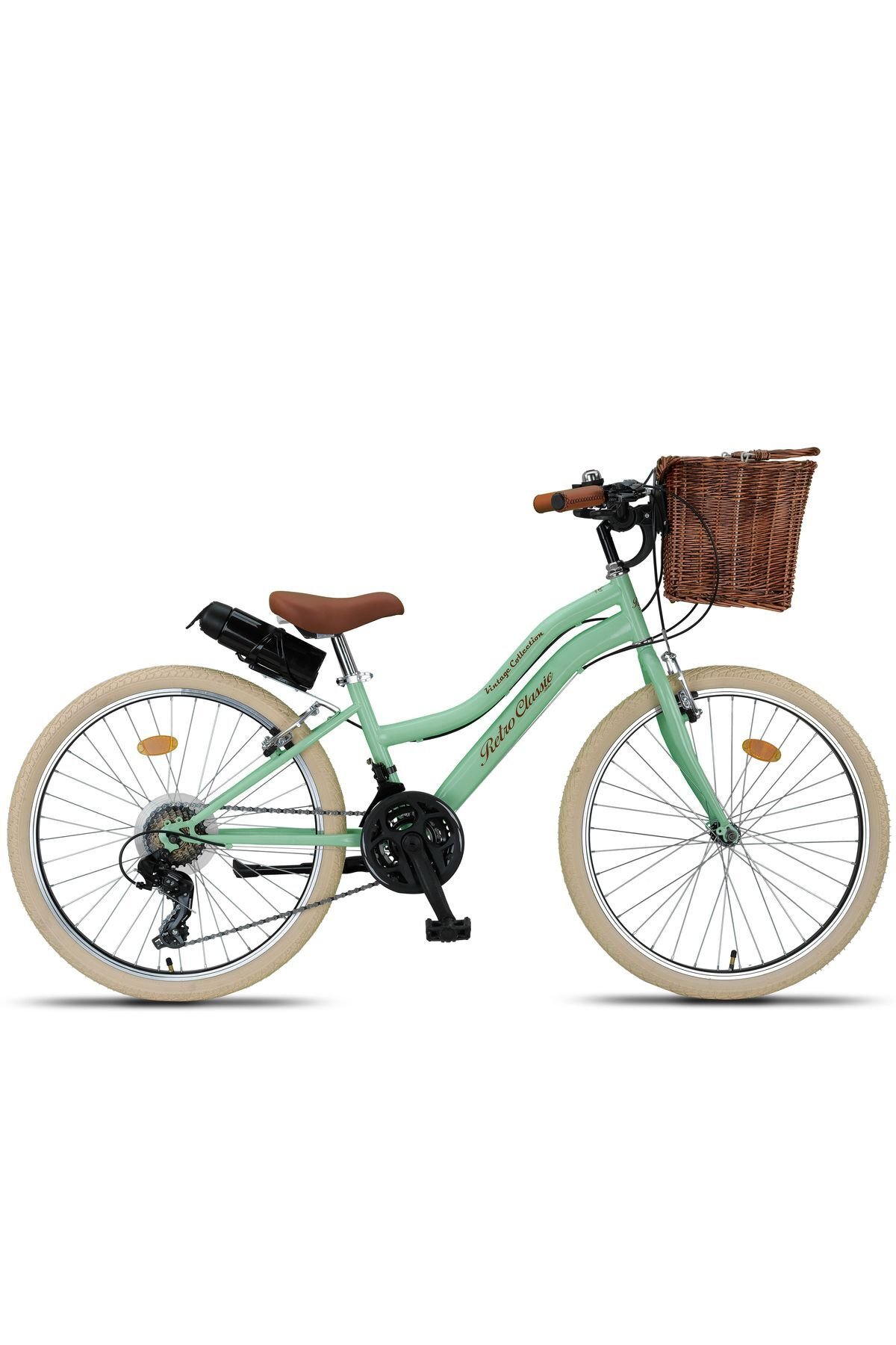 Retro Classic 24 Jant Bisiklet, Shimano 21 Vites, Hasır Sepetli Vintage Şehir Bisikleti Krem Lastik