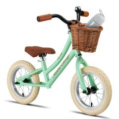 Trendbisiklet Retro Classic, Vintage Denge bisikleti, 12 jant, İlk Bisiklet, Hasır Sepet, Deri Elcik YEŞİL-KAHVERENGİ-KREM