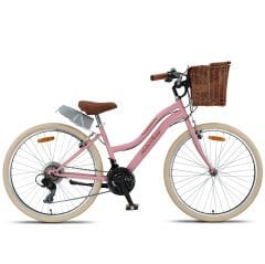 Retro Classic 26 Jant Bisiklet, Shimano 21 Vites, Hasır Sepetli Vintage Şehir Bisikleti, Krem Lastik