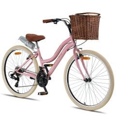 Retro Classic 26 Jant Bisiklet, Shimano 21 Vites, Hasır Sepetli Vintage Şehir Bisikleti, Krem Lastik