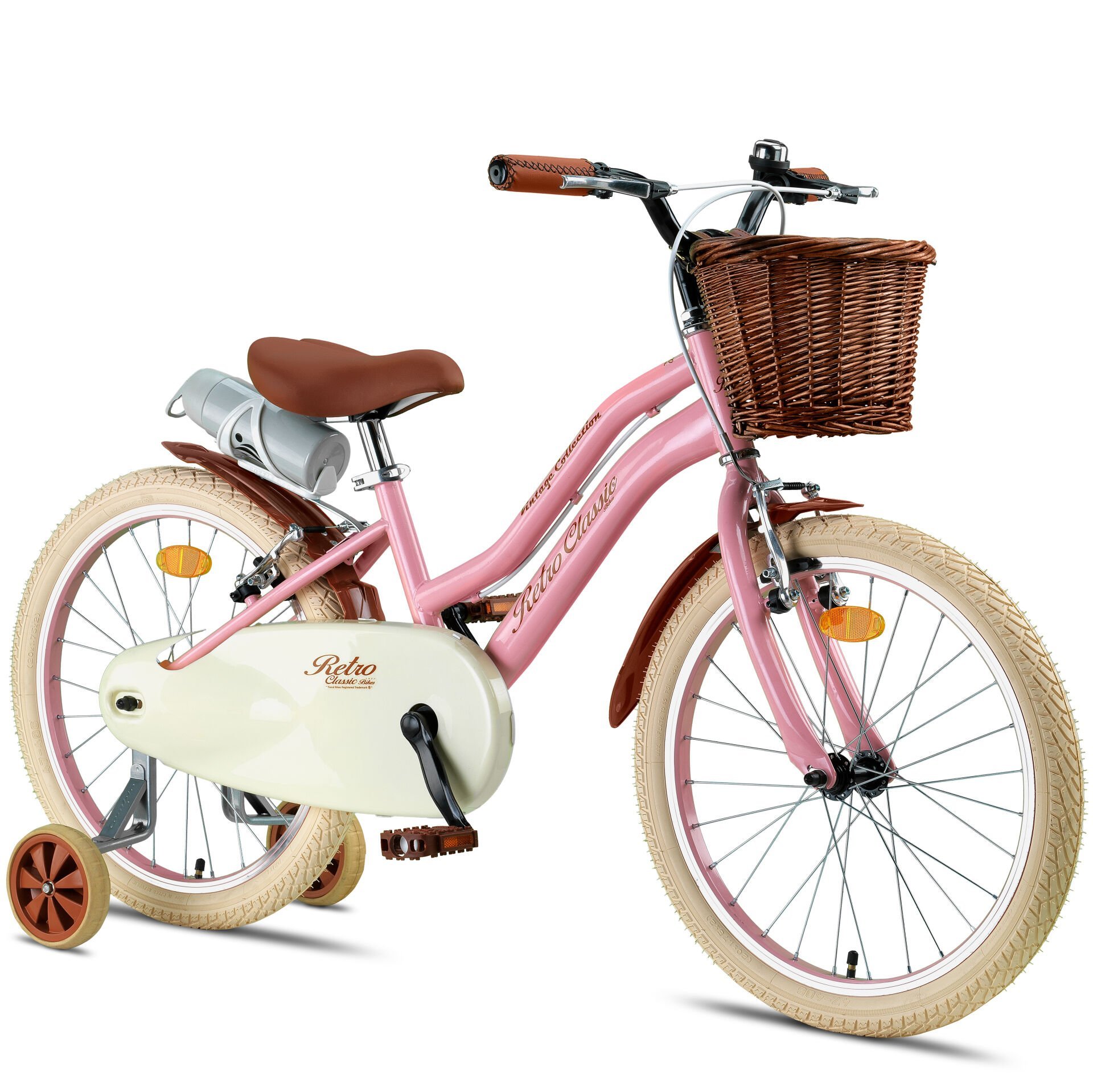 Retro Classic Özel Seri, Hasır Örme Sepetli, Deri Elcikli 20 Jant Çocuk Bisikleti, 6-9 Yaş Çocuk Bisikleti (115-135cm), Unisex Pembe